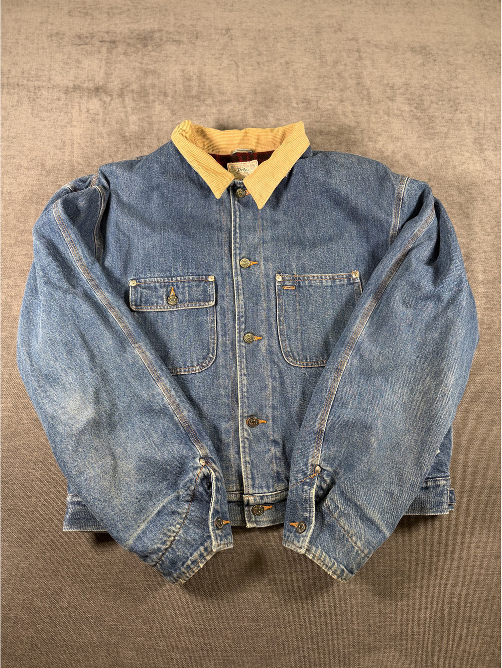 Vintage Polo Ralph Lauren Denim Jacket with Corduroy Collar and Plaid Lining XL